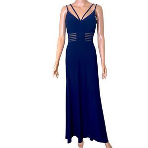 morgan & Co illusion formal dress navy blue maxi slit side sheer mid section S-4